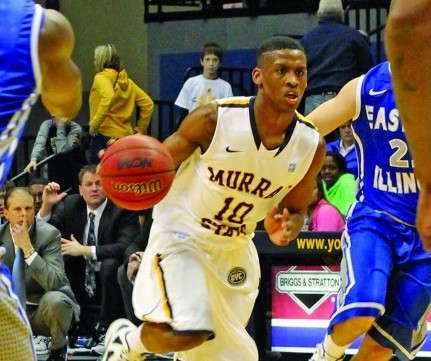 Zay Jackson, sophomore guard from Hammond, La., moves the ball down the lane in a home game against Eastern Illinois last season. || File Photo