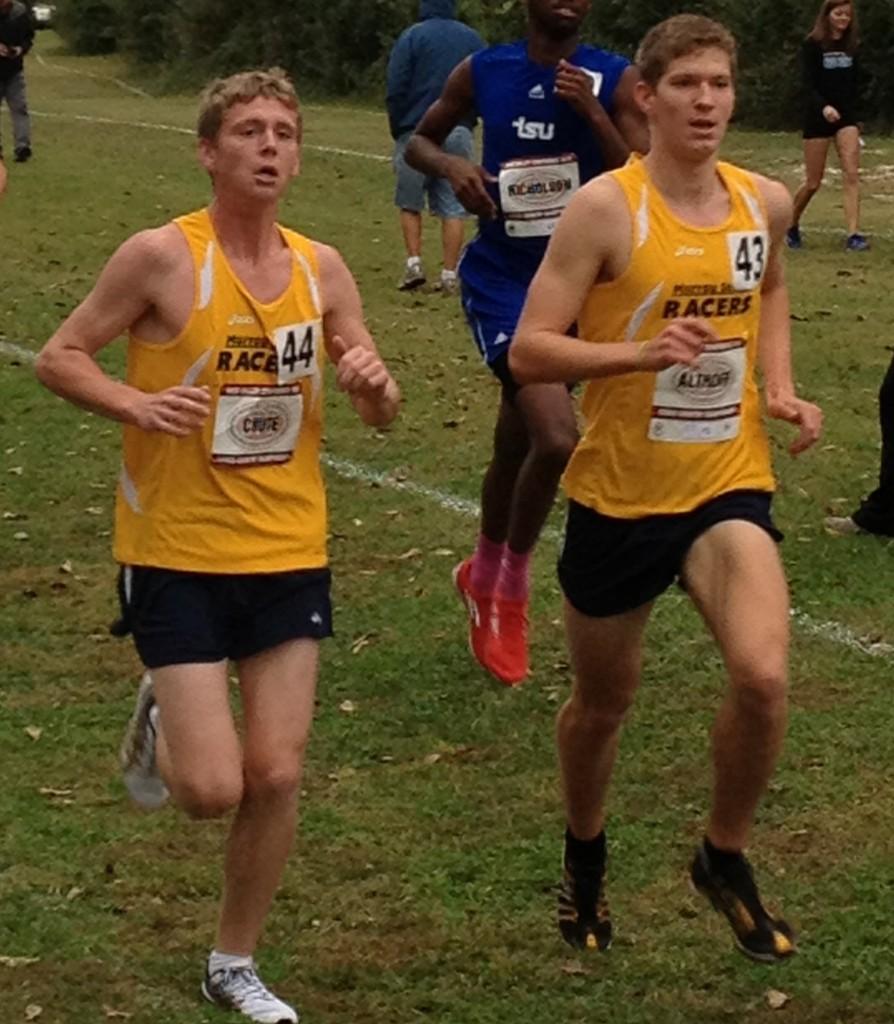 Freshman James Chute and Sophomore Jordan Althoff approach the finish at the OVC Championship. || Photo courtesy of Sports Information