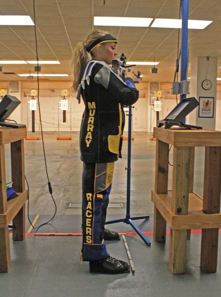 Freshman Tessa Howlad from Ozark, Mo., practices her shot during the rifle team’s open house. || Austin Ramsey/The News