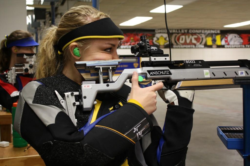 Freshman Kaitlyn Wilson sets her sights on the target in the Pat Spurgin Rifle Range. Wilson placed sixth in air rifle against the seventh ranked United States Military Academy last Saturday.  || Austin Ramsey/The News