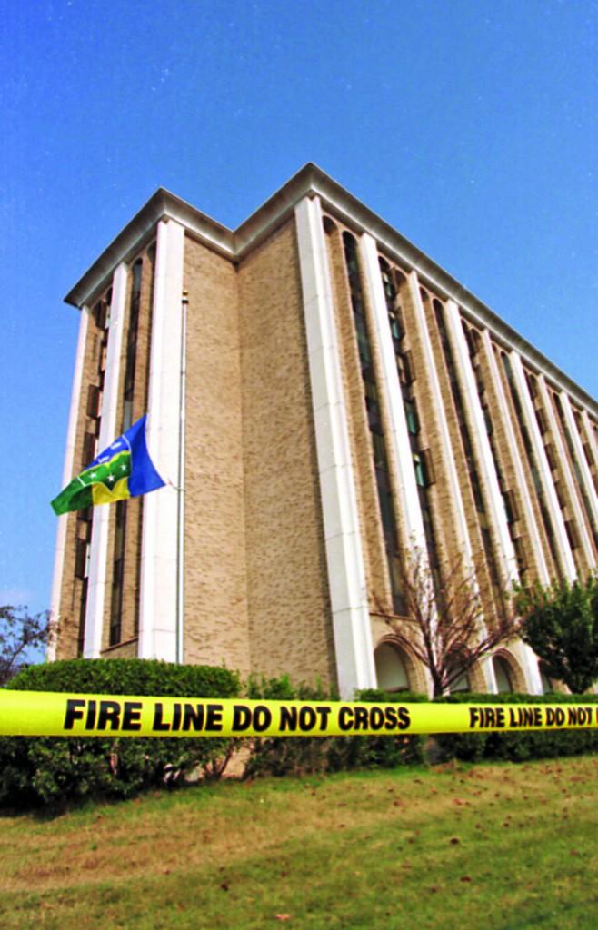 This 1998 photo of Hester Hall shows cordoned-off police zones after an early-morning arson blaze destroyed most of the fourth floor, killing one student and injuring another. Jerry Wayne Walker Jr. pleaded guilty Tuesday to tampering charges that made the 14-year-old case difficult for authorities. || File Photo