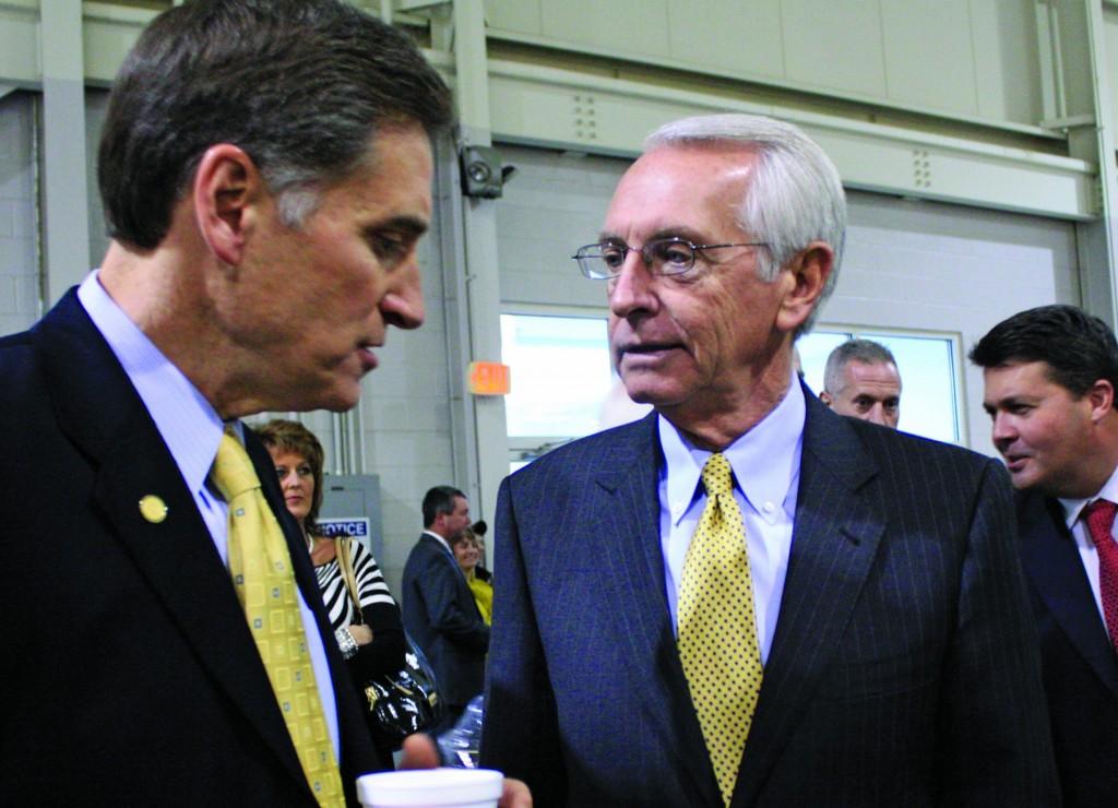 Gov. Steve Beshear, right, speaks with Murray State President Randy Dunn shortly before announcing Murray’s newest international business investment. || Austin Ramsey/The News