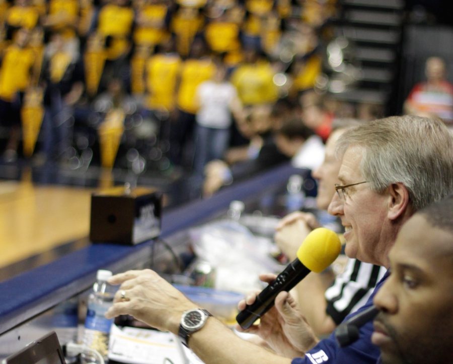 Paul Radke announces at his final home game Saturday. Radke has worked at Murray State since 1986 and will retire to Alabama at the end of the semester. || Lori Allen/The News