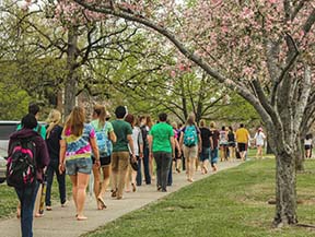 The mile-long walk stretched around campus starting at Elizabeth College Amphitheater, passing by Faculty Hall before ending at the steps of Lovett Auditorium. || Kate Russell