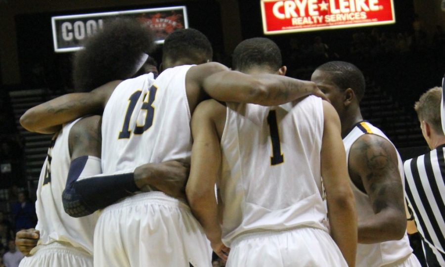 The Men’s basketball team huddles during a break in the game against Southeast Missouri on March 2. Six seniors will graduate leaving big holes in the roster. || Taylor McStoots/The News