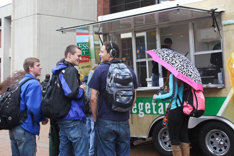 Lori Allen/The News
Students line up outside the Taco Truck to try vegetarian food. 