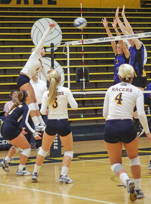Lori Allen/The News
Taylor Olden spikes the ball during a home game last season against Morehead State.