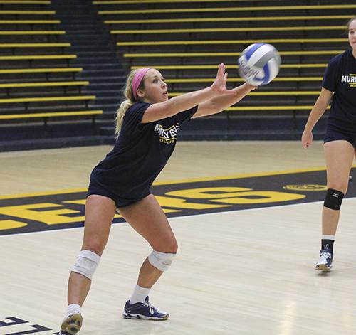 Jenny Rohl/The News
Sophomore libero Ellie Lorenz sets a ball at practice Tuesday at Racer Arena.