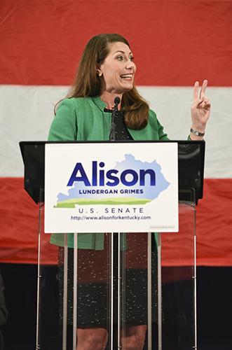 Kory Savage/The News
Alison Lundergan Grimes speaks to a crowd of supporters in Paducah, Ky., last week.
