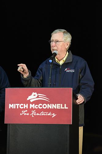 Kory Savage/The News
Mitch McConnell speaks to a crowd Tuesday along with artist Lee Greenwood. 