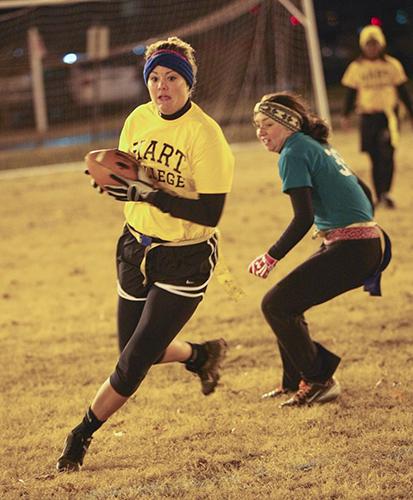 Haley Hays/The News
Hart Ravens’ player Amber Timmerman runs the ball against Springer-Franklin A Tuesday night. 