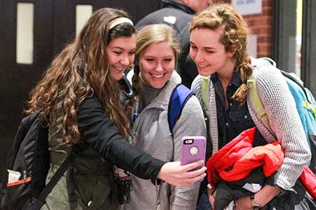 Jenny Rohl/The News
Taylor Chadduck (left), junior from O’Fallon, Mo., Hannah Weber (center), sophomore from Metropolis, Ill., and Carley Sommer (right), junior from O’Fallon, Mo., take a selfie. 
