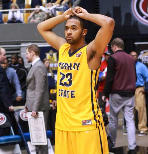 Jenny Rohl/The News
Sophomore guard Justin Seymour reacts to the Racers’ March 7 loss to Belmont.