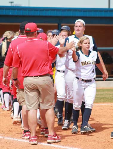 Jenny Rohl/The News
The Racers acknowledge Southeast Missouri after the Redhawk’s loss on April 11 and 12.