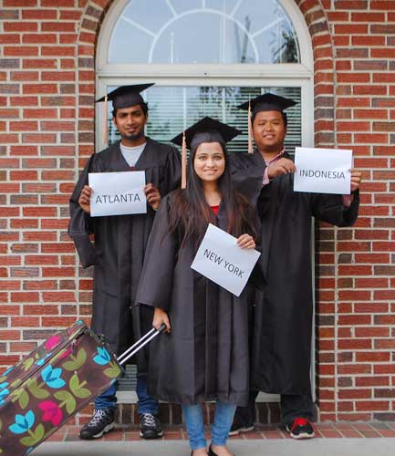 Hannah Fowl/The News
Pictured left to right are graduating seniors Venky Meesala from India, Tansia Mehrin from Belize and Andre Damarizal from Indonesia. 