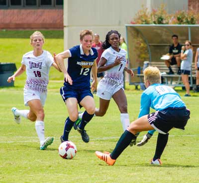 Zachary Maley/The News
Harriet Withers, sophomore forward from Murwillumbah, Australia stakes a shot during the Racers’ first game of the season against Troy Aug. 15. Withers scored one of the two winning goals against Mississippi State in last week’s guarantee game in Starkville.