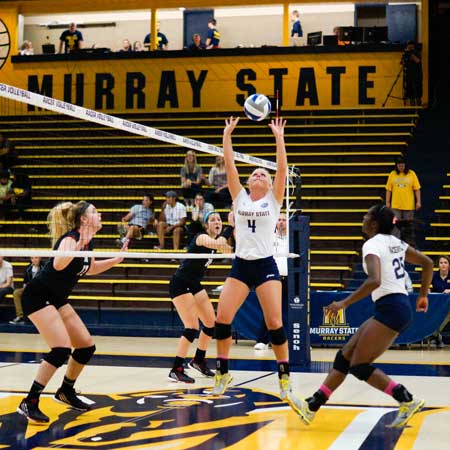 Zachary Maley/The News
Sam Bedard, senior from Breese, Illinois, prepares to set Olivia Chatman, sophomore from Richmond, Texas, for a spike in Murray State’s sweep on Austin Peay State Wednesday at Racer Arena.