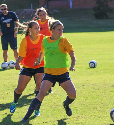Kalli Bubb/The News
Members of the Murray State soccer team practice defensive drills at Cutchin Field.