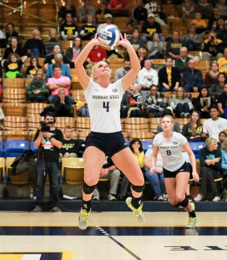 Photo+by+Jenny+Rohl%2FThe+News%0ASenior+setter+Sam+Bedard+sets+the+ball+during+their+first+match+of+the+OVC+Tournament+Thursday+night+against+Southeast+Missouri+State.%0A