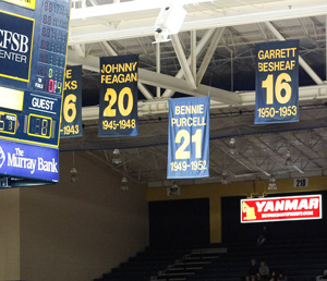 Nicole Ely/The News
Bennie Purcell’s retired jersey number banner hung lower than the others in memoriam of his time at Murray State.