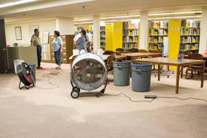 Nahiomy Gallardo/The News
Waterfield Library staff clean up water after pipes overflow in the basement. 