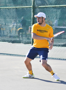 Chalice Keith/The News
Marcel Ueltzhoeffer, sophomore from Oftersheim, Germany, finishes a forehand during the men’s victory over Tennessee State.