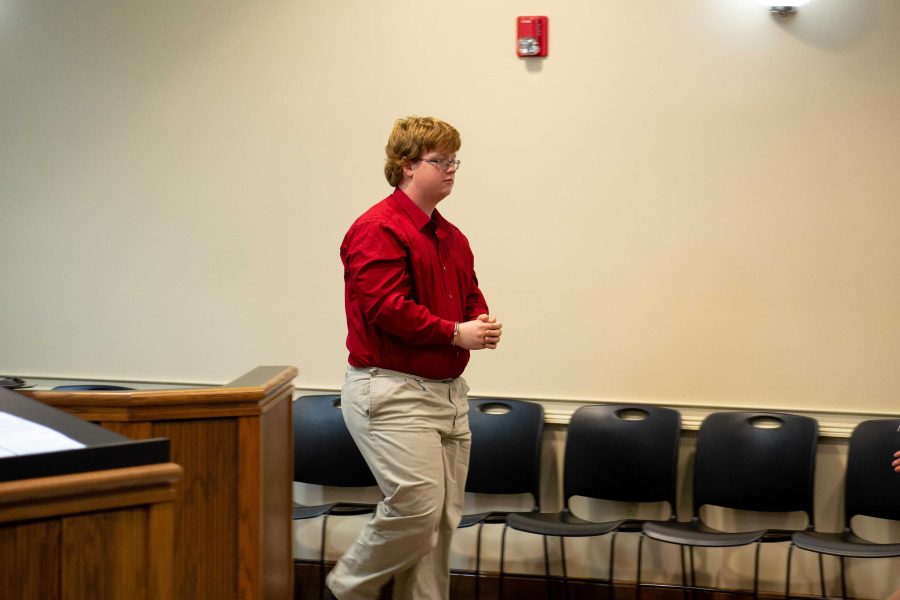 Gabriel Parker enters the Marshall County Circuit courtroom on Friday, Aug. 24 for a brief motion hearing. Photo courtesy of Dave Thompson, The Sun.