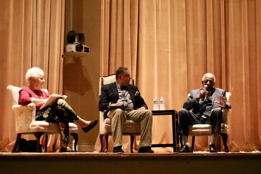 Margaret Simmons (left) and Dennis Jackson (right) participate in a forum Thursday night led by Dr. Duane Bolin (center) in Wrather Auditorium. (Blake Sandlin/TheNews)