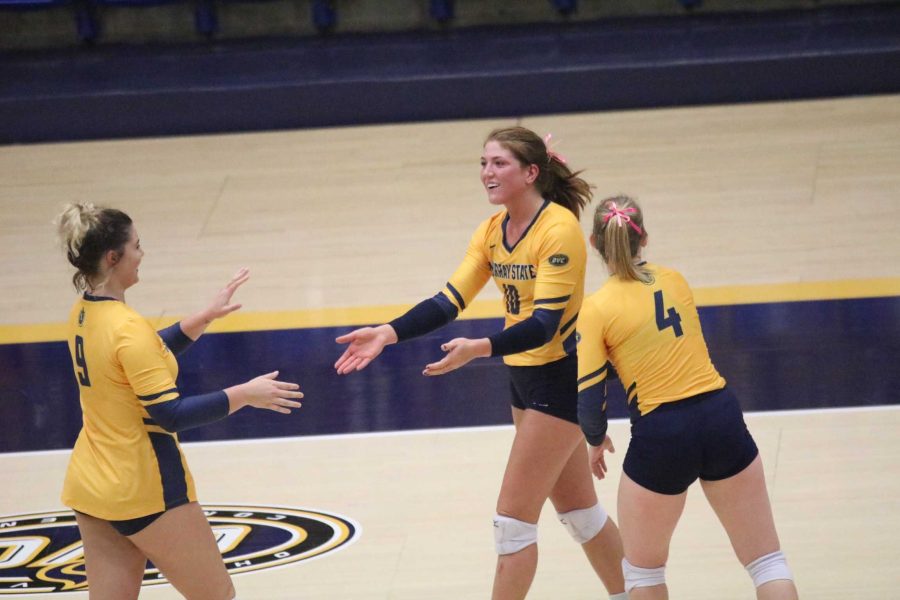Junior+outside+hitter+Rachel+Giustino+celebrates+with+her+teammates+following+a+score+by+the+Racers.+%28Blake+Sandlin%2FThe+News%29