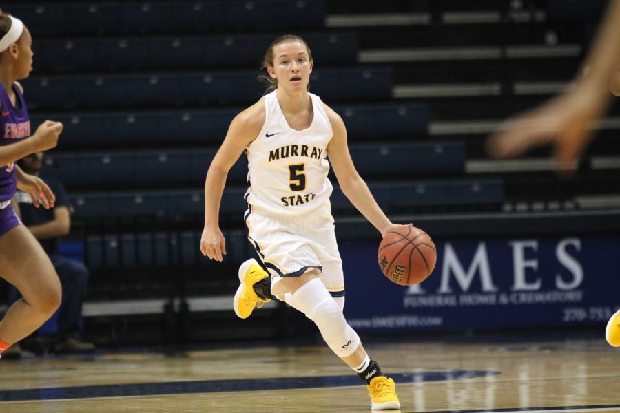 Freshman guard Macey Turley pushes the ball down the court during the first half of Wednesdays game against Evansville. (Blake Sandlin/TheNews)