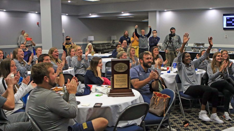 Murray State soccer celebrates after the NCAA paired the team with Vanderbilt. (Dave Winder/Racer Athletics)