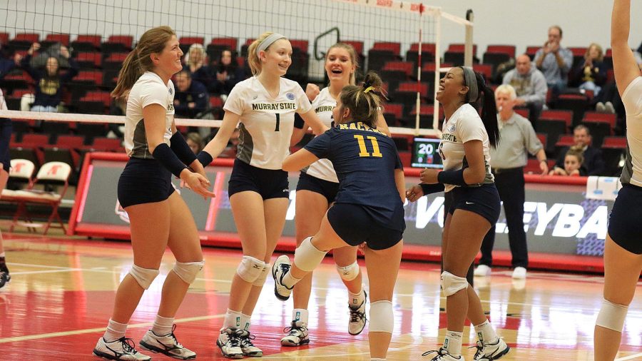 The Racers celebrate after scoring in the OVC tournament. (Photo by Dave Winder/Racer Athletics)