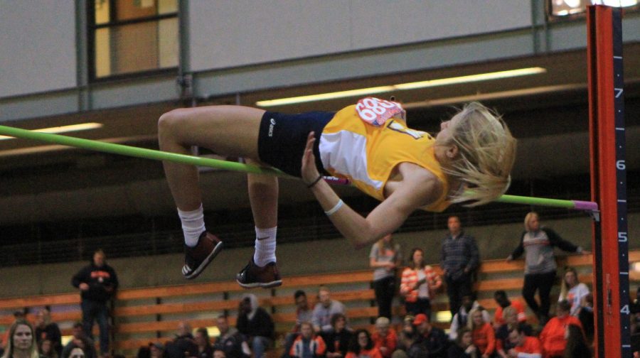 Senior Aubrey Main placed first in the high jump last weekend. (Photo courtesy of Racer Athletics)