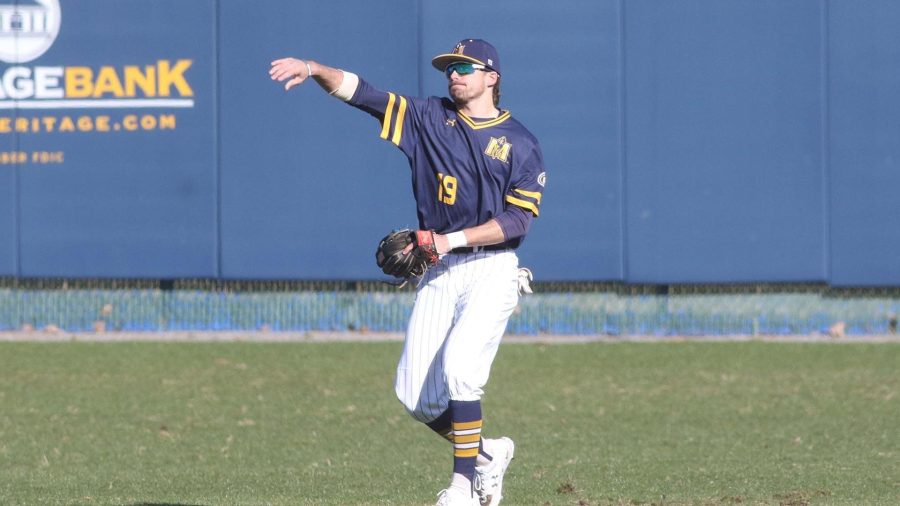 Sophomore outfielder Jake Slunder throws the ball in to the infield. (Photo by Dave Winder/Racer Athletics)