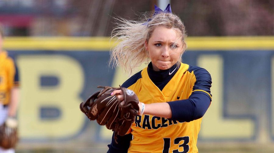 Senior pitcher Grace Vaughn begins her pitching motion. (Photo by Dave Winder/Racer Athletics)