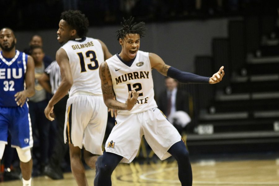 Morant plays the air guitar after drilling a three. (Photo by Blake Sandlin/TheNews)