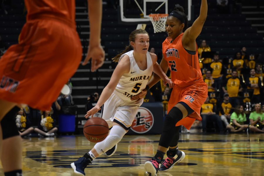 Freshman+guard+Macey+Turley+drives+to+the+paint+against+UT+Martin.+%28Photo+by+Gage+Johnson%2FTheNews%29