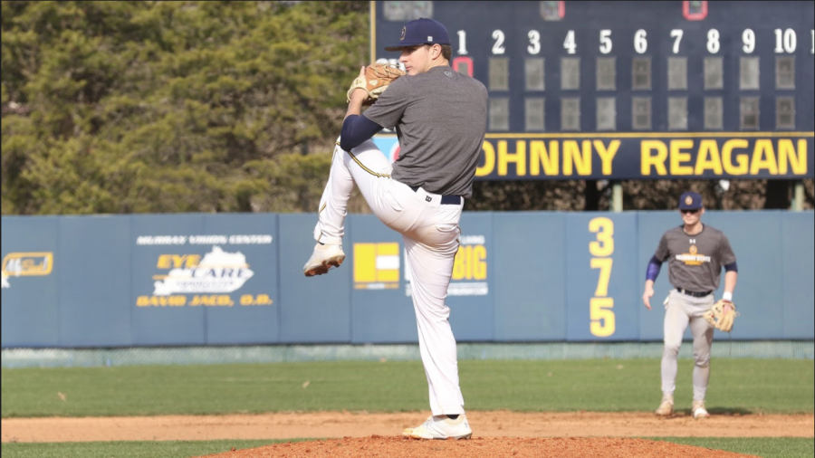 Trevor McMurray winds up to pitch in the Racers intrasquad scrimmage. (Photo courtesy of Adam Grossman/Racer Athletics)