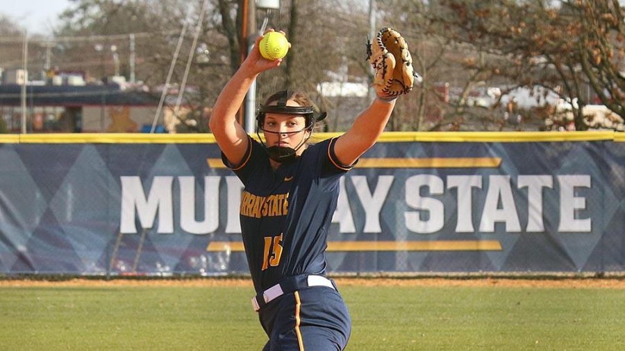 Freshman pitcher Hannah James begins to throw a pitch. (Photo by Dave Winder/Racer Athletics)