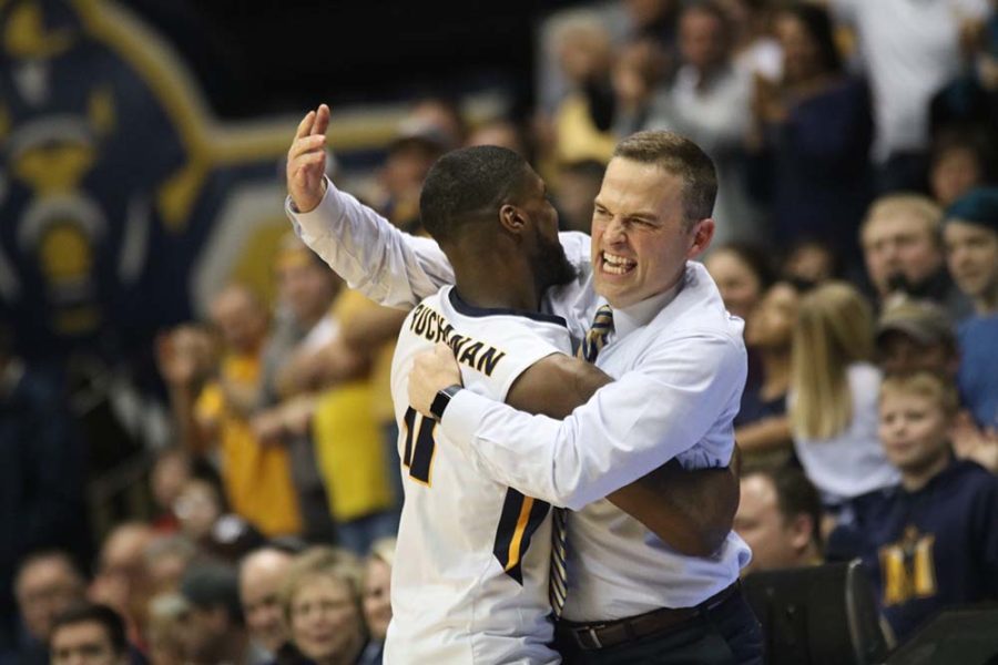 Head Coach Matt McMahon and senior guard Shaq Buchanan share a hug after the senior night game. (Photo by Blake Sandlin/TheNews)