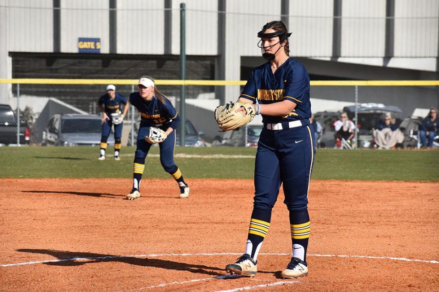 Freshman pitcher Hannah James starts her pitching motion. (Photo by Gage Johnson/TheNews)