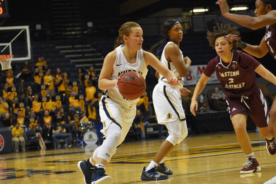 Freshman+guard+Macey+Turley+drives+to+the+basket+against+EKU.+%28Photo+by+Gage+Johnson%2FTheNews%29