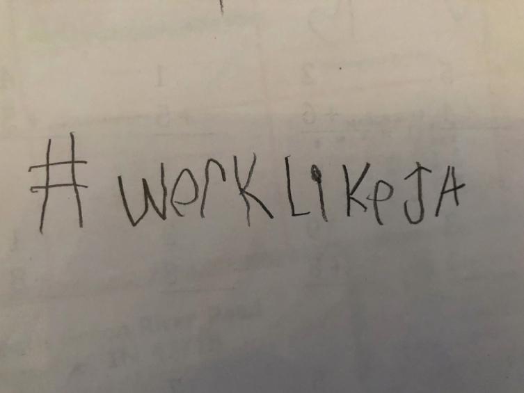 A first grader in Ms. (Molly) Marshall’s class at South Heights Elementary School completed the #WorklikeJa challenge. (Photo courtesy of @missmollyky/Twitter)