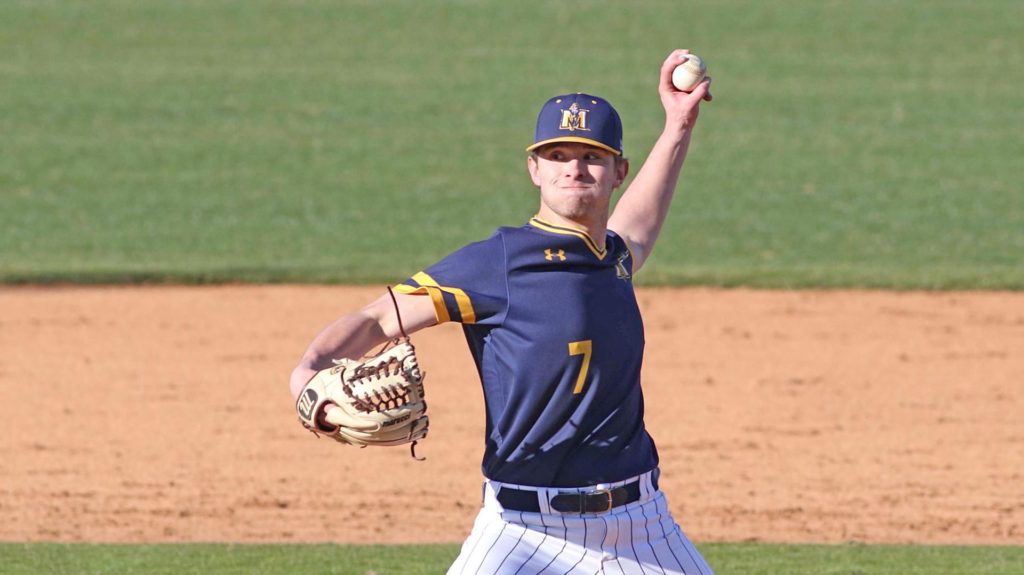 Junior pitcher Jase Carvell begins to throw a pitch toward home plate. (Photo by Dave Winder/Racer Athletics)