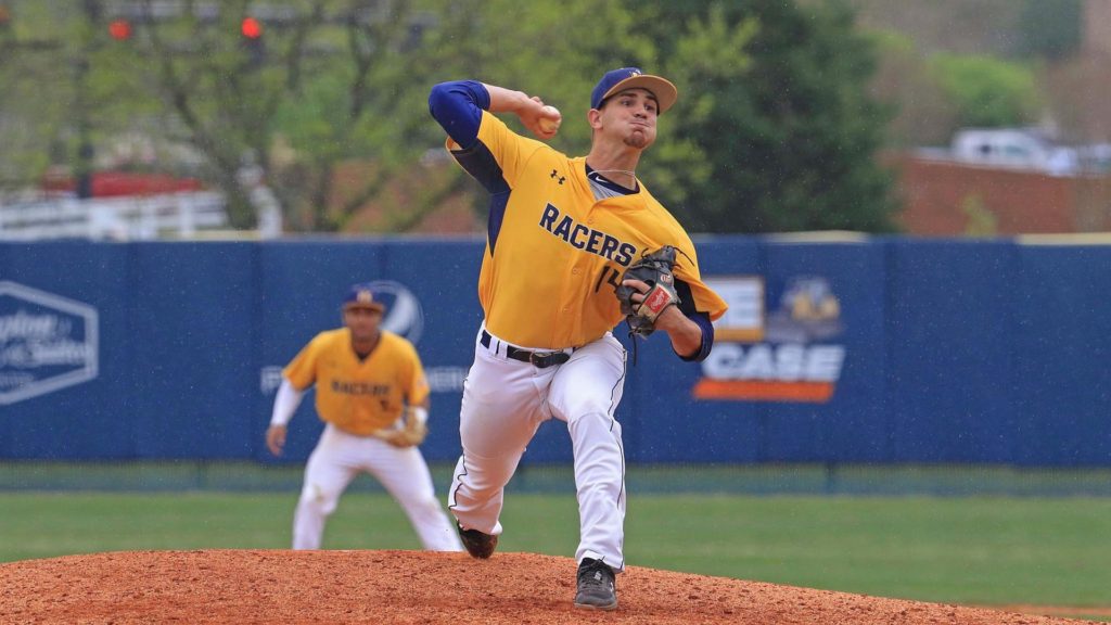 Sophomore pitcher Braydon Cook starts to throw a pitch. (Photo by Dave Winder/Racer Athletics)