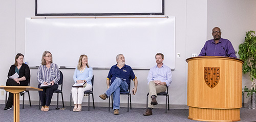 Faculty regent candidates answered questions from the audience at a forum on April 9. (Mackenzie ODonley/The News)