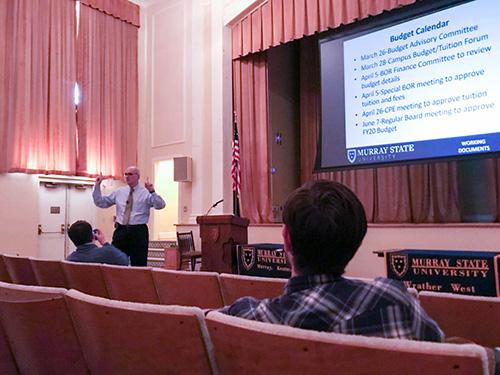 President Bob Jackson presented the budget proposal at a forum on March 28. (Photo courtesy of Michelle Hawks)