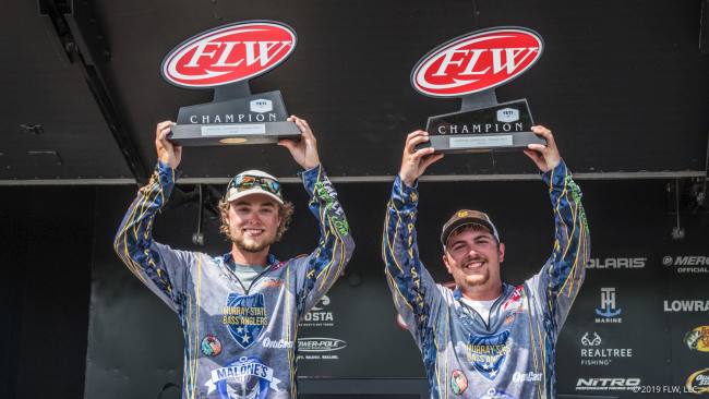 Murray State juniors, Adam Puckett and Blake Albertson won the FLW 2019 National Fish Championship on the Potomac River June 6. (Photo courtesy of Charles Waldorf / FLW)