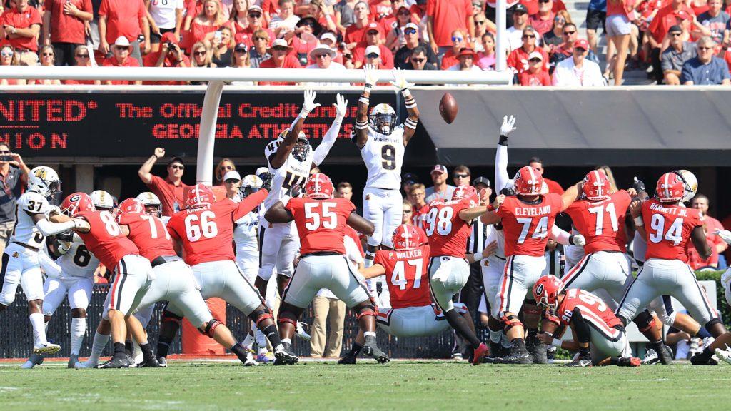 Murray State senior defensive back Dior Johnson attempts to block a field goal against Georgia. (Photo courtesy of Racer Athletics)