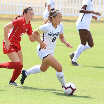 Sophomore Abby Jones moves the ball forward in a counterattack. (Photo courtesy of Racer Athletics)
